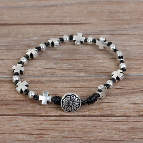 Picture of Hand Made Beaded Bracelets Antique Silver Color Black Cross 20cm(7 7/8") long, 1 Piece