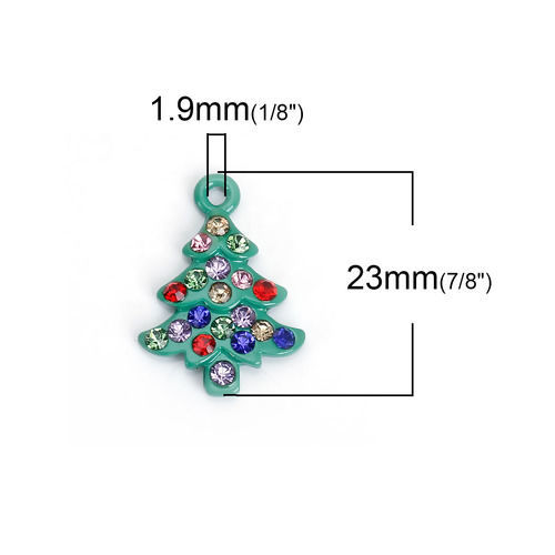 Picture of Zinc Based Alloy Charms Christmas Tree Green Multicolor Rhinestone 23mm( 7/8") x 17mm( 5/8"), 2 PCs