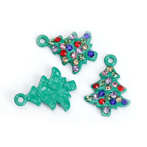 Picture of Zinc Based Alloy Charms Christmas Tree Green Multicolor Rhinestone 23mm( 7/8") x 17mm( 5/8"), 2 PCs