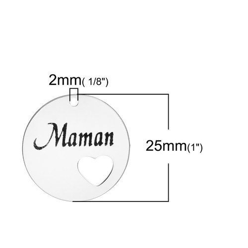 Immagine di 304 Acciaio Inossidabile Charms Tondo Tono Argento Lettere " Maman " 25mm Dia, 3 Pz