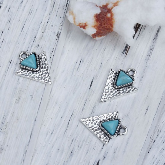 Picture of Zinc Based Alloy Boho Chic Bohemia Charms Antique Silver Color Green Blue Arrowhead With Resin Cabochons Imitation Turquoise 19mm x 14mm, 10 PCs