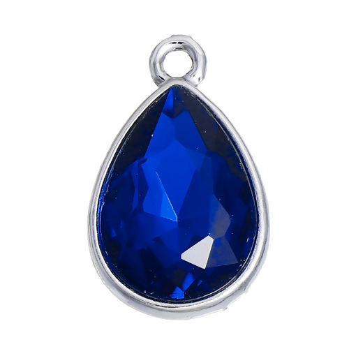 Picture of Sep Birthstone Charms Drop Silver Tone Royal Blue Glass Rhinestone Faceted 19mm( 6/8") x 12mm( 4/8"), 10 PCs
