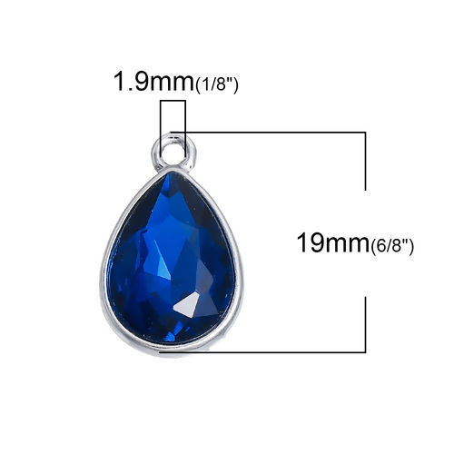 Picture of Sep Birthstone Charms Drop Silver Tone Royal Blue Glass Rhinestone Faceted 19mm( 6/8") x 12mm( 4/8"), 10 PCs