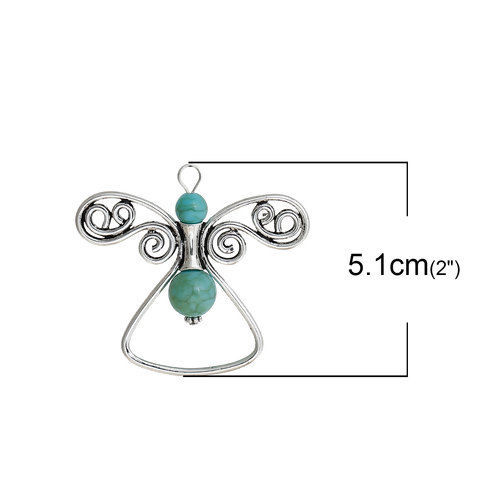 Picture of Zinc Based Alloy Boho Chic Pendants Angel Antique Silver Color Blue Butterfly Imitation Turquoise 56mm(2 2/8") x 51mm(2"), 1 Piece