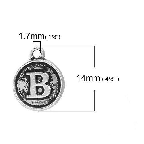 Immagine di Lega di Zinco Charms Tondo Argento Antico Lettera " B " 14mm x 12mm , 10 Pz