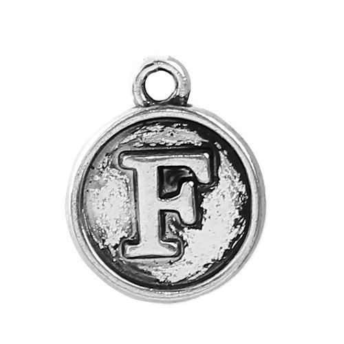 Immagine di Lega di Zinco Charms Tondo Argento Antico Lettera " F " 14mm x 12mm , 10 Pz