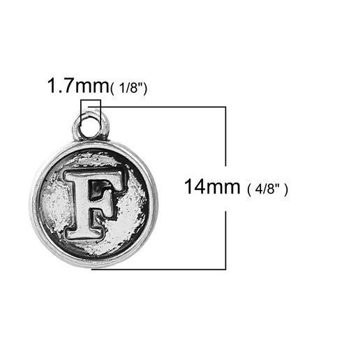 Immagine di Lega di Zinco Charms Tondo Argento Antico Lettera " F " 14mm x 12mm , 10 Pz