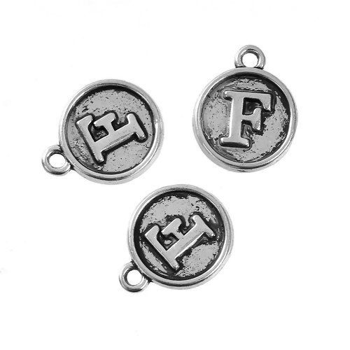 Immagine di Lega di Zinco Charms Tondo Argento Antico Lettera " F " 14mm x 12mm , 10 Pz