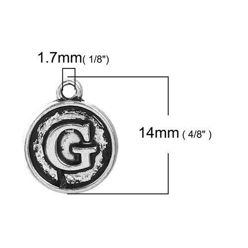 Immagine di Lega di Zinco Charms Tondo Argento Antico Lettera " G " 14mm x 12mm , 10 Pz