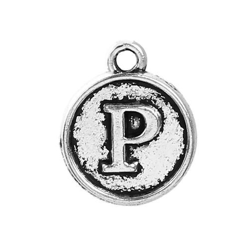 Immagine di Lega di Zinco Charms Tondo Argento Antico Lettera " P " 14mm x 12mm , 10 Pz