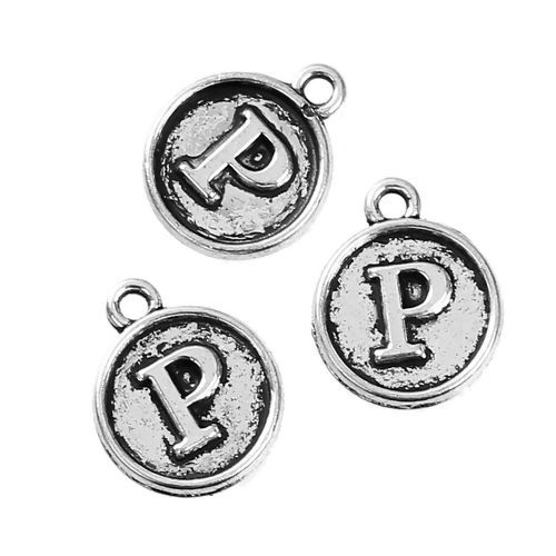 Immagine di Lega di Zinco Charms Tondo Argento Antico Lettera " P " 14mm x 12mm , 10 Pz