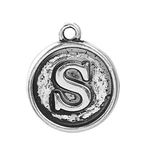 Picture of Zinc Based Alloy Charms Round Antique Silver Color Initial Alphabet/ Letter " S " 14mm( 4/8") x 12mm( 4/8"), 10 PCs