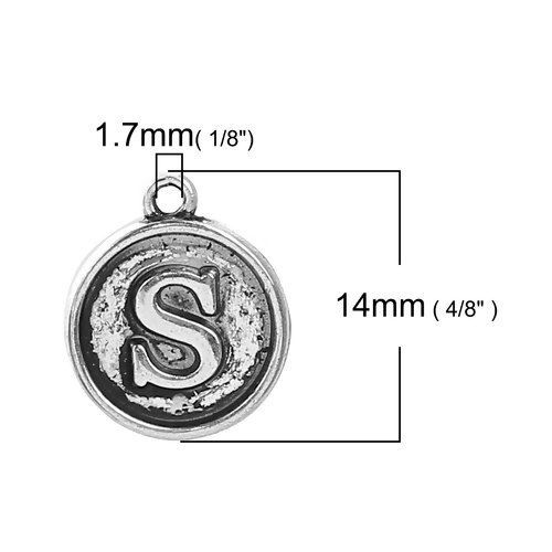 Picture of Zinc Based Alloy Charms Round Antique Silver Color Initial Alphabet/ Letter " S " 14mm( 4/8") x 12mm( 4/8"), 10 PCs