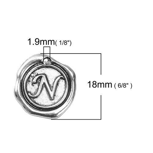 Immagine di Lega di Zinco Sigillo Di Cera Charms Irregolare Argento Antico Lettera " N " 18mm x 18mm , 10 Pz