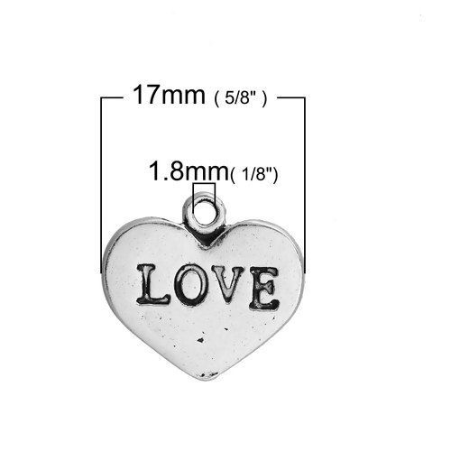 Immagine di Lega di Zinco Charms Cuore Argento Antico Lettere " LOVE " 17mm x 16mm , 10 Pz