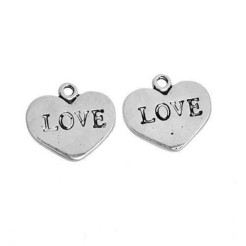 Immagine di Lega di Zinco Charms Cuore Argento Antico Lettere " LOVE " 17mm x 16mm , 10 Pz