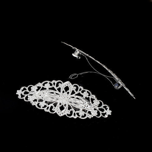 Picture of Hair Clips Findings Leaf Silver Plated Filigree 8cm x 3.5cm, 2 PCs