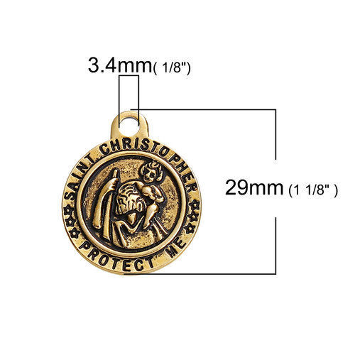 Picture of Zinc Based Alloy Charms Round Gold Tone Antique Gold Saint Christopher Message " PROTECT ME " 29mm(1 1/8") x 24mm(1"), 5 PCs