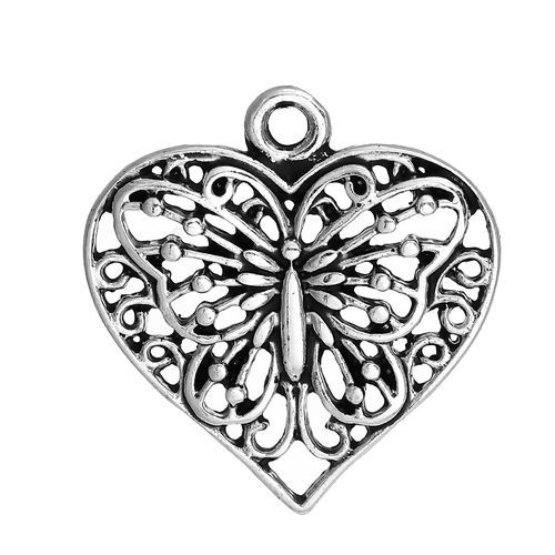 Image de Breloque en Alliage de Zinc Cœur Papillons Creux Argent Vieilli 23mm x 22mm, 10 Pcs