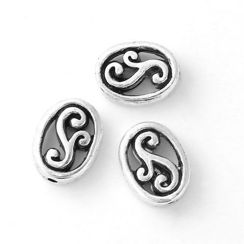 Picture of Zinc Based Alloy Spacer Beads Oval Antique Silver Color Hollow 13mm x 10mm, Hole: Approx 1.7mm, 10 PCs