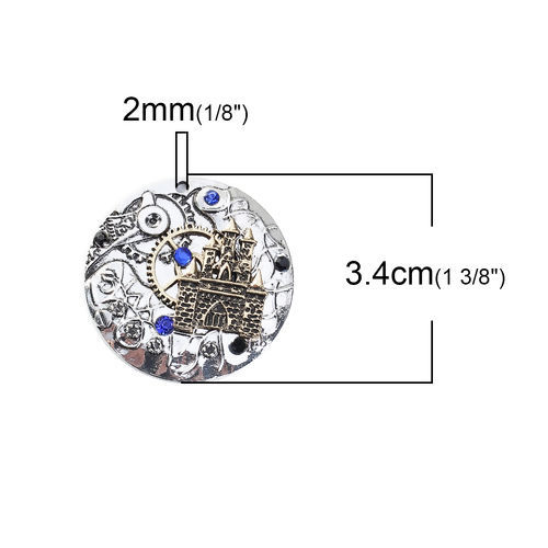 Immagine di Lega di Zinco Orologio da Tasca Ciondoli Tondo Argento Antico Bronzo Antico Doppio Colore Castello Blu Marino Strass 34mm Dia, 1 Pz