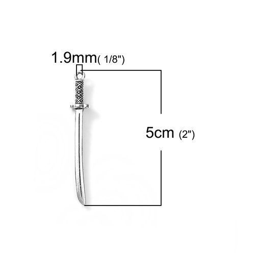 Изображение 3D Цинковый Сплав Подвески Меч Античное Серебро 50мм x 8мм, 10 ШТ