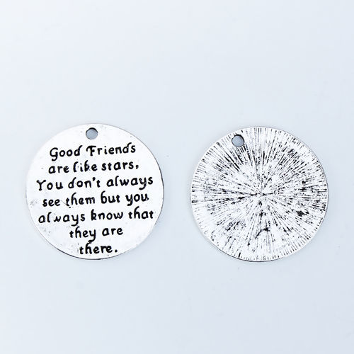 Picture of Zinc Based Alloy Charms Round Antique Silver Color Message 24mm(1") Dia, 5 PCs