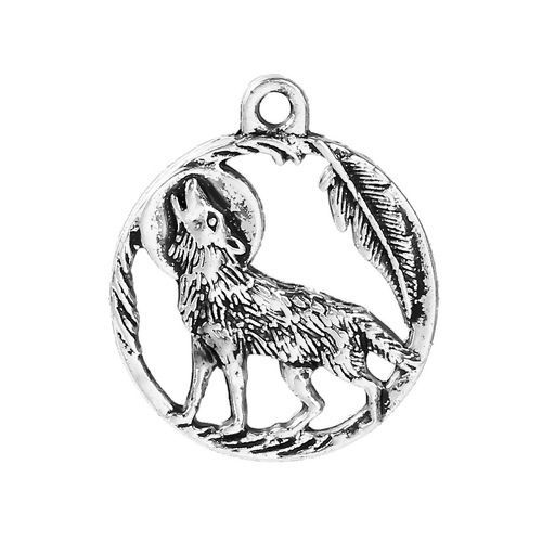Picture of Zinc Based Alloy Charms Wolf Antique Silver Color Round 25mm(1") x 21mm( 7/8"), 20 PCs