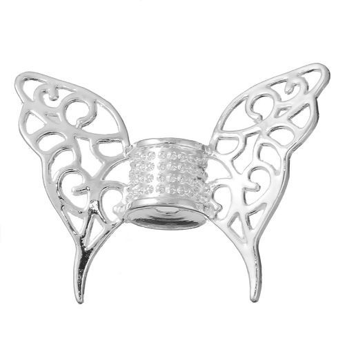 Bild von Zinklegierung Zwischenperlen Spacer Perlen Schmetterling Versilbert Flügel 47mm x 36mm Loch:ca. 3.7mm 3 Stück