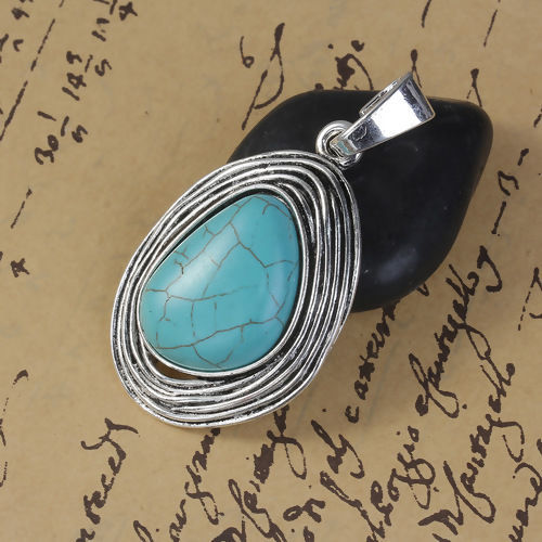 Picture of Zinc Based Alloy Boho Chic Pendants Oval Antique Silver Color Imitation Turquoise 62mm(2 4/8") x 35mm(1 3/8"), 1 Piece
