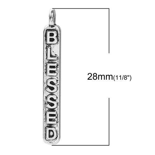 Picture of Zinc Based Alloy Charms Rectangle Antique Silver Color Message " Blessed " 28mm(1 1/8") x 4mm( 1/8"), 50 PCs
