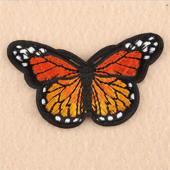 Picture of Fabric Embroidery Iron On Patches Appliques (With Glue Back) DIY Sewing Craft Clothing Decoration Orange Butterfly Animal 78mm x 48mm, 1 Piece