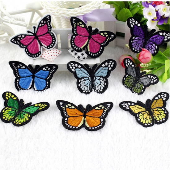 Picture of Fabric Embroidery Iron On Patches Appliques (With Glue Back) DIY Sewing Craft Clothing Decoration Fuchsia Butterfly Animal 78mm x 48mm, 1 Piece
