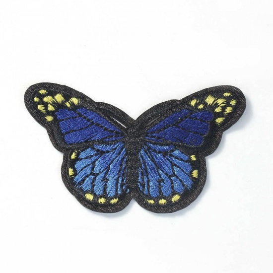 Picture of Fabric Embroidery Iron On Patches Appliques (With Glue Back) DIY Sewing Craft Clothing Decoration Dark Blue Butterfly Animal 78mm x 48mm, 1 Piece