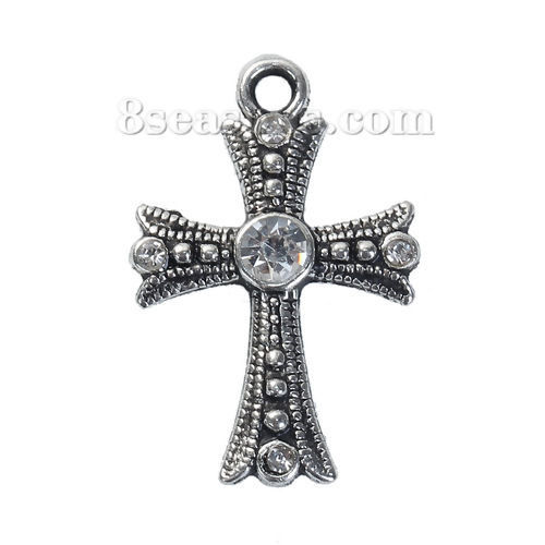 Picture of Zinc Based Alloy Easter Charms Cross Antique Silver Color Clear Rhinestone 26mm(1") x 17mm( 5/8"), 10 PCs