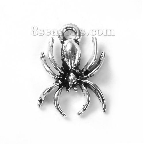 Picture of Zinc Based Alloy (Lead & Nickel Safe) Charms Halloween Spider Animal Antique Silver Color 18mm( 6/8") x 13mm( 4/8"), 30 PCs