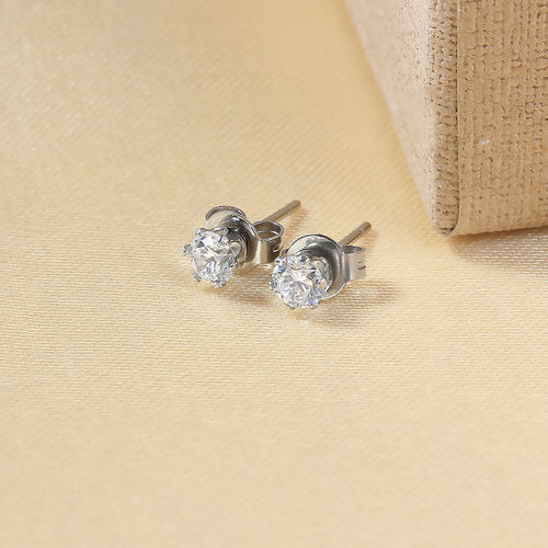 Picture of 304 Stainless Steel & Cubic Zirconia Ear Post Stud Earrings Silver Tone Transparent Clear Round 4mm( 1/8") x 3mm( 1/8"), Post/ Wire Size: (20 gauge), 1 Pair