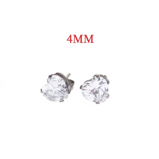 Picture of 304 Stainless Steel & Cubic Zirconia Ear Post Stud Earrings Silver Tone Transparent Clear Round 4mm( 1/8") x 3mm( 1/8"), Post/ Wire Size: (20 gauge), 1 Pair