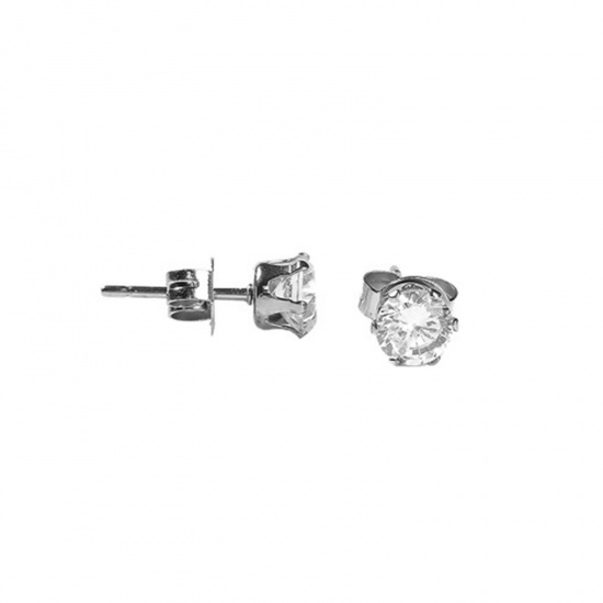 Picture of 304 Stainless Steel & Cubic Zirconia Ear Post Stud Earrings Silver Tone Transparent Clear Round 5mm( 2/8") x 4mm( 1/8"), Post/ Wire Size: (20 gauge), 1 Pair