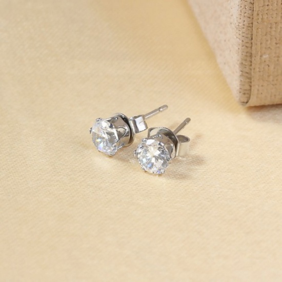 Picture of 304 Stainless Steel & Cubic Zirconia Ear Post Stud Earrings Silver Tone Transparent Clear Round 5mm( 2/8") x 4mm( 1/8"), Post/ Wire Size: (20 gauge), 1 Pair