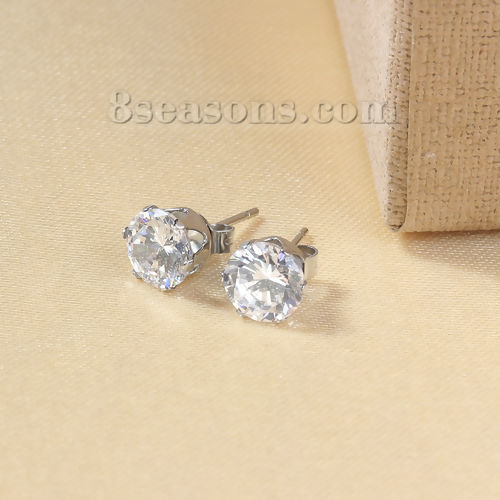 Picture of 304 Stainless Steel & Cubic Zirconia Ear Post Stud Earrings Silver Tone Transparent Clear Round 6mm( 2/8") x 5mm( 2/8"), Post/ Wire Size: (20 gauge), 1 Pair