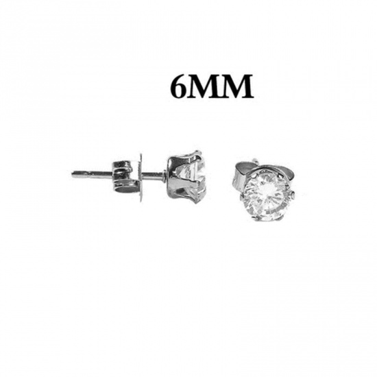 Picture of 304 Stainless Steel & Cubic Zirconia Ear Post Stud Earrings Silver Tone Transparent Clear Round 8mm( 3/8") x 7mm( 2/8"), Post/ Wire Size: (20 gauge), 1 Pair