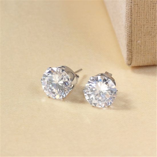 Picture of 304 Stainless Steel & Cubic Zirconia Ear Post Stud Earrings Silver Tone Transparent Clear Round 8mm( 3/8") x 7mm( 2/8"), Post/ Wire Size: (20 gauge), 1 Pair