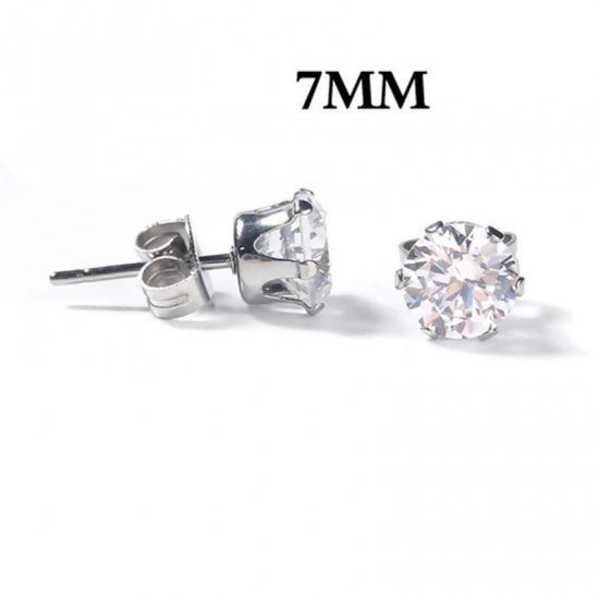 Picture of 304 Stainless Steel & Cubic Zirconia Ear Post Stud Earrings Silver Tone Transparent Clear Round 9mm( 3/8") x 8mm( 3/8"), Post/ Wire Size: (20 gauge), 1 Pair