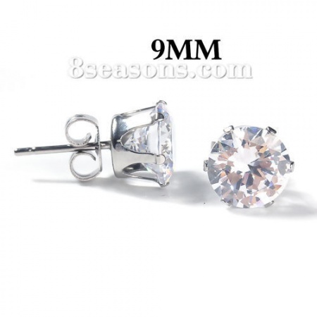 304 Stainless Steel & Cubic Zirconia Ear Post Stud Earrings Silver Tone Transparent Clear Round 10mm( 3/8") x 9mm( 3/8"), Post/ Wire Size: (20 gauge), 1 Pair