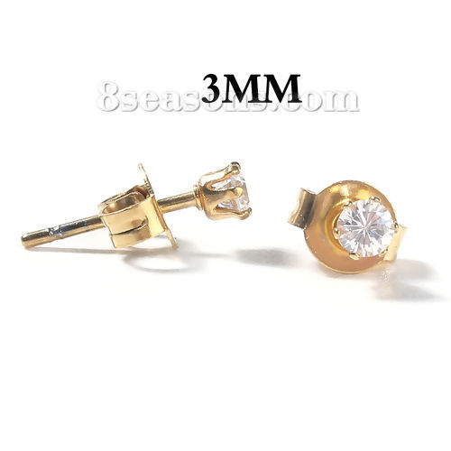 Image de Boucles d'Oreilles Puces en 304 Acier Inoxydable & Zircon Doré Transparent Rond 4mm x 3mm, Epaisseur de Fil: (20 gauge), 1 Paire