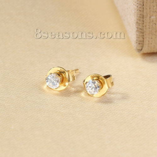 Image de Boucles d'Oreilles Puces en 304 Acier Inoxydable & Zircon Doré Transparent Rond 4mm x 3mm, Epaisseur de Fil: (20 gauge), 1 Paire