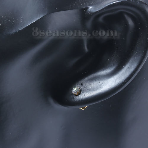 Image de Boucles d'Oreilles Puces en 304 Acier Inoxydable & Zircon Doré Transparent Rond 4mm x 3mm, Epaisseur de Fil: (20 gauge), 1 Paire