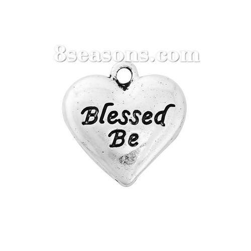 Immagine di Lega di Zinco Charms Cuore Argento Antico Messaggio " Blessed Be " 19mm x 18mm , 10 Pz