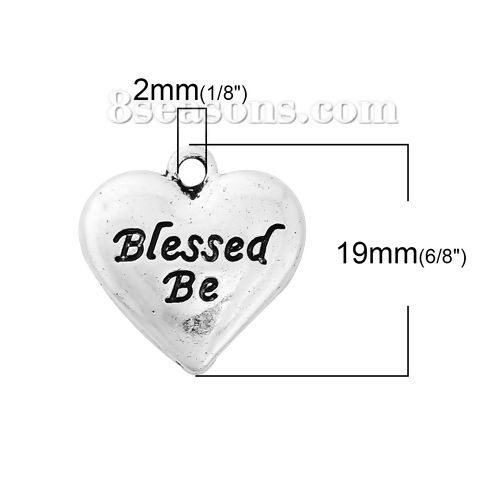 Immagine di Lega di Zinco Charms Cuore Argento Antico Messaggio " Blessed Be " 19mm x 18mm , 10 Pz